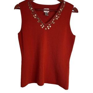 Chico’s Womens M Burnt Orange Rhinestone Embellished Vneck‎ Quality Stretch Tank